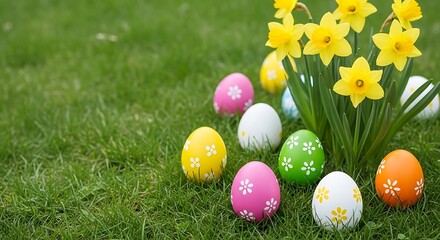 Decorated Eggs with Yellow Flowers on Green Grass in Spring