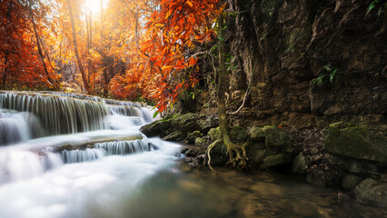 Amazing in nature, beautiful waterfall at colorful autumn forest in fall season	
