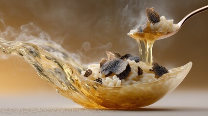 Warm risotto with truffle shavings, a culinary delight.