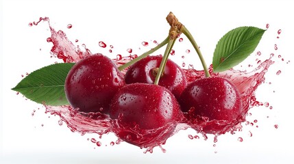 Juicy red cherries splashing in a vibrant burst of flavor. A refreshing summer treat!