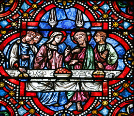 Auxerre cathedral.  Stained glass. Jesus and the Apostles at the Last Supper on Maundy Thursday....