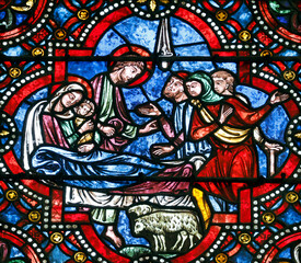 Auxerre cathedral.  Stained glass. Nativity of Jesus or birth of Christ.  The Adoration of the Shepherds. Auxerre. France.