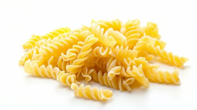 Uncooked fusilli pasta spirals stacked in a heap, photographed in natural style on clean white background, concept of traditional Italian cuisine