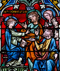 Obraz premium Auxerre cathedral. Stained glass. Jesus speaks to the teachers of the law. Auxerre. France.