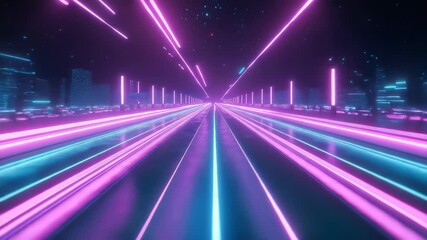 Abstract futuristic city with neon lights and glowing lines animation background - Powered by Adobe