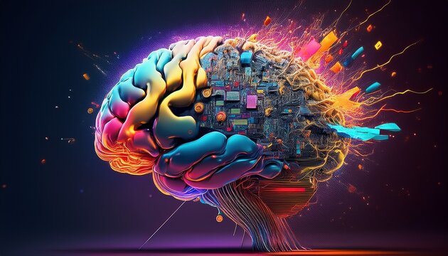 colorful brain made of computer parts and exploding