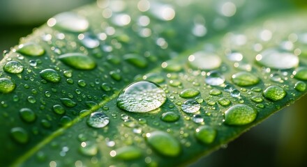 Water Droplets on Green Leaf Sparkling in Sunlight