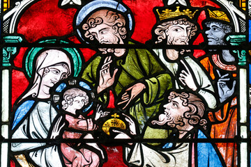 Auxerre cathedral.  Stained glass. Nativity of Jesus or birth of Christ.  Adoration of the Child...