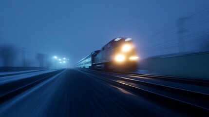 A train speeds through a snowy landscape in the night. The low visibility creates a mysterious atmosphere. The blur of motion adds excitement to this scene. Perfect for transport themes. AI