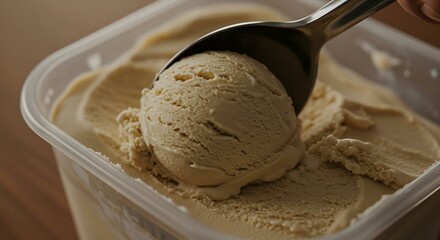 Close-up of a spoon scooping vanilla ice cream