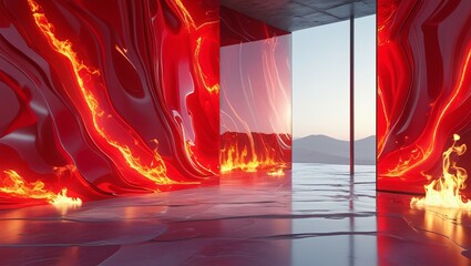 Fiery abstract interior with mountain view and dramatic style. Flowing red and gold flame textures along the walls and floor. Passionate and energetic theme.
