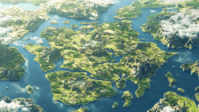 Aerial View of Lush Fantasy World Map with Mountains, Forests and Blue Sea