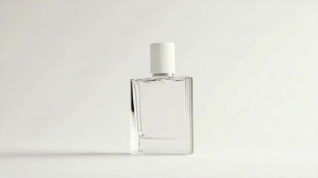 Transparent rectangular perfume bottle with a white cap, minimalist aesthetic, placed on a clean white background, concept of elegance and purity