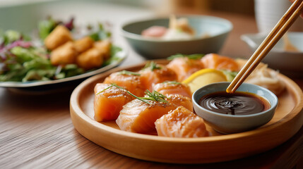 Close-up side angle of salmon sashimi being dipped into soy sauce with chopsticks.