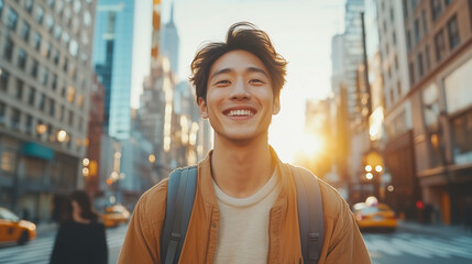 A handsome Asian American is walking in the New York City feeling cheerful.