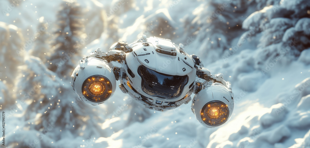 Poster a robotic exploration device navigates through a snow-covered terrain on an alien planet, conducting