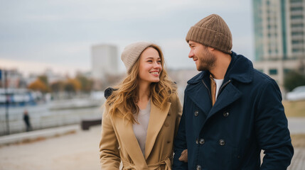 Smiling young couple in cozy coats, enjoying a crisp autumn day, embodying warmth and connection.