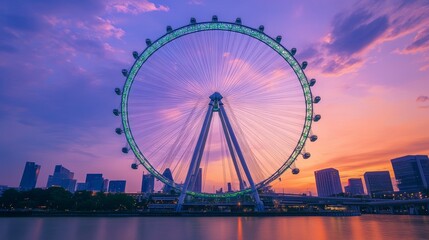a green and blue ferris wheel against sunset sky