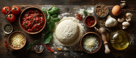 Overhead view of pizza dough surrounded by ingredients on a wooden surface ready for cooking