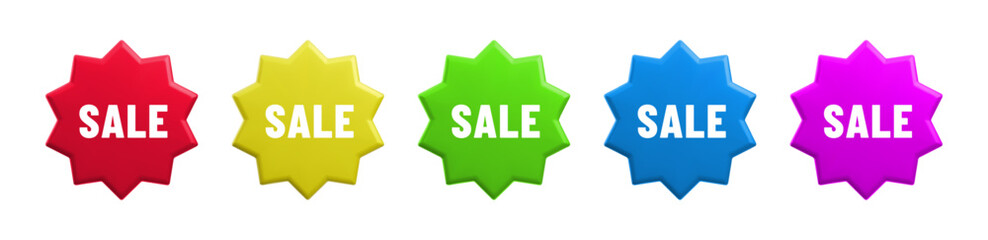Vector cartoon 3d Sale badge set. Color label starburst with text. Realistic 3d render online shop red, yellow, green, blue sticker. Cute design element for web, sale banner design, tag, advert, app.