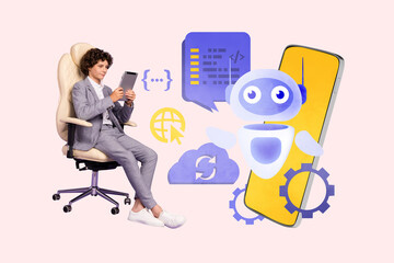 3D photo collage template trend composite of back to school remote education smartphone bot ait young schoolboy sit armchair hold tablet