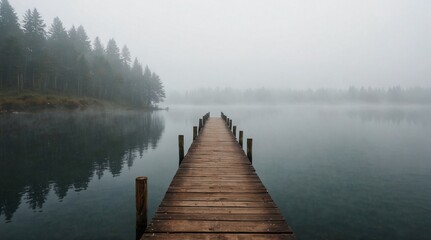 Obraz premium Long Wooden Pier Extending into Foggy Lake