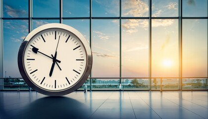 the arrow clock in the airport terminal on the background of windows