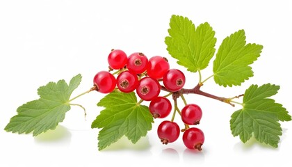 Bright red currant berries with green leaves, demonstrating their freshness and natural beauty on a completely white background. AI generated.