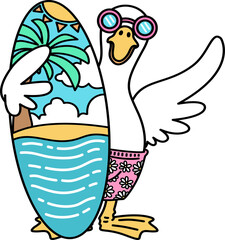 Hand drawn Retro Groovy Cartoon Goose Holding a Surfboard on Beach