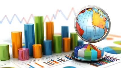 Colorful bar graphs and pie charts surrounding a globe, illustrating global data trends and analysis - Powered by Adobe