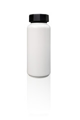 White thermo for hot, cold water or drinks on a transparent background with reflection. Hot, cold drink thermos