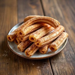 Fototapeta premium Churros, cinnamon sugar, wooden table, dessert, food photography, recipe