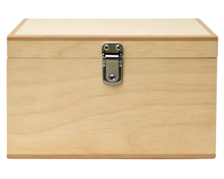 Wooden storage box with a secure metal latch for safety on a transparent background