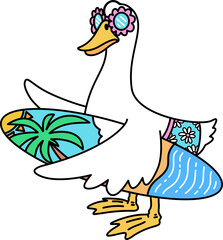Hand drawn Retro Groovy Goose with Surfboard