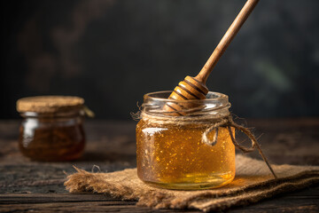 Golden liquid in jars of honey on table
