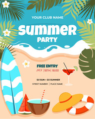Summer invitation for a beach party. Tropical leaves, cocktail, beach hat, watermelon, tropical flowers, coconut, sand. 
