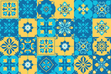 Mediterranean traditional pattern. Wall and floor interior design. Abstract geometric shapes, figures. Italian, Portuguese, Spanish blue and yellow tiles background. Mosaic. Vector.