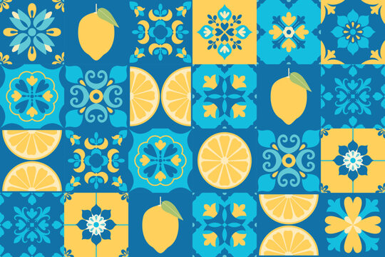 Mediterranean living. Blue and yellow tiles background. Amalfi coast vibes. Abstract geometric floral pattern with lemons. Italian, Portuguese, Spanish, Greek traditional style. Mosaic. Vector.