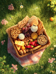 A picnic basket filled with food and drinks sitting on a blanket in a grassy field with flowers
