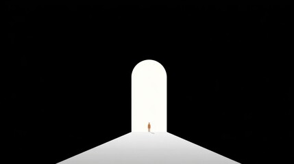 Person Walking Towards Light in Dark Space Representing Hope and Change
