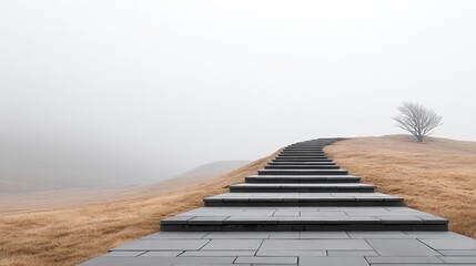 Pathway Leading Forward Through Foggy Negative Space Landscape