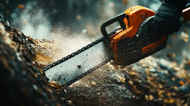 Powerful chainsaw cutting through wood with flying sawdust and dynamic movement showing wood cutting