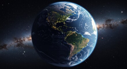 Obraz premium Earth view from space, highlighting continents, oceans, & city lights amid stars