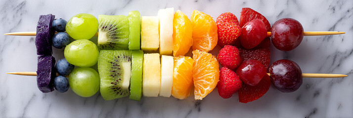 Two fruit skewers with colorful arrangement of fresh fruits on a marble countertop surface display
