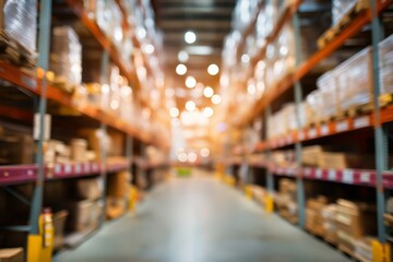 Blurred view of a warehouse filled with boxes and shelves, representing storage and logistics in modern industry.