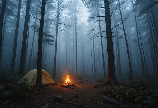 Campfire in a misty forest scene with a tent providing warm light and comfort