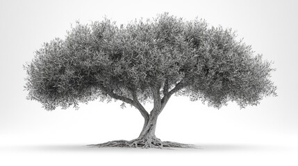 Gray scale olive tree against a plain background.