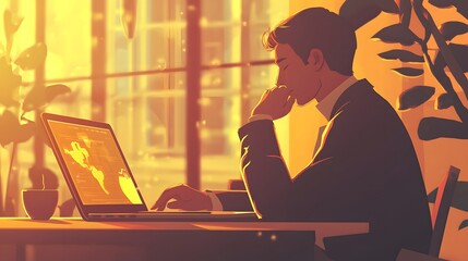 A focused person working on a laptop at a modern workspace surrounded by creative office decor