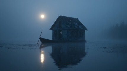 Obraz premium Abandoned Cabin and Canoe on Foggy Lake at Moonrise