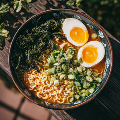 A close up shot of a bowl of ramen with eggs seaweed and scallions on a wooden surface outdoors